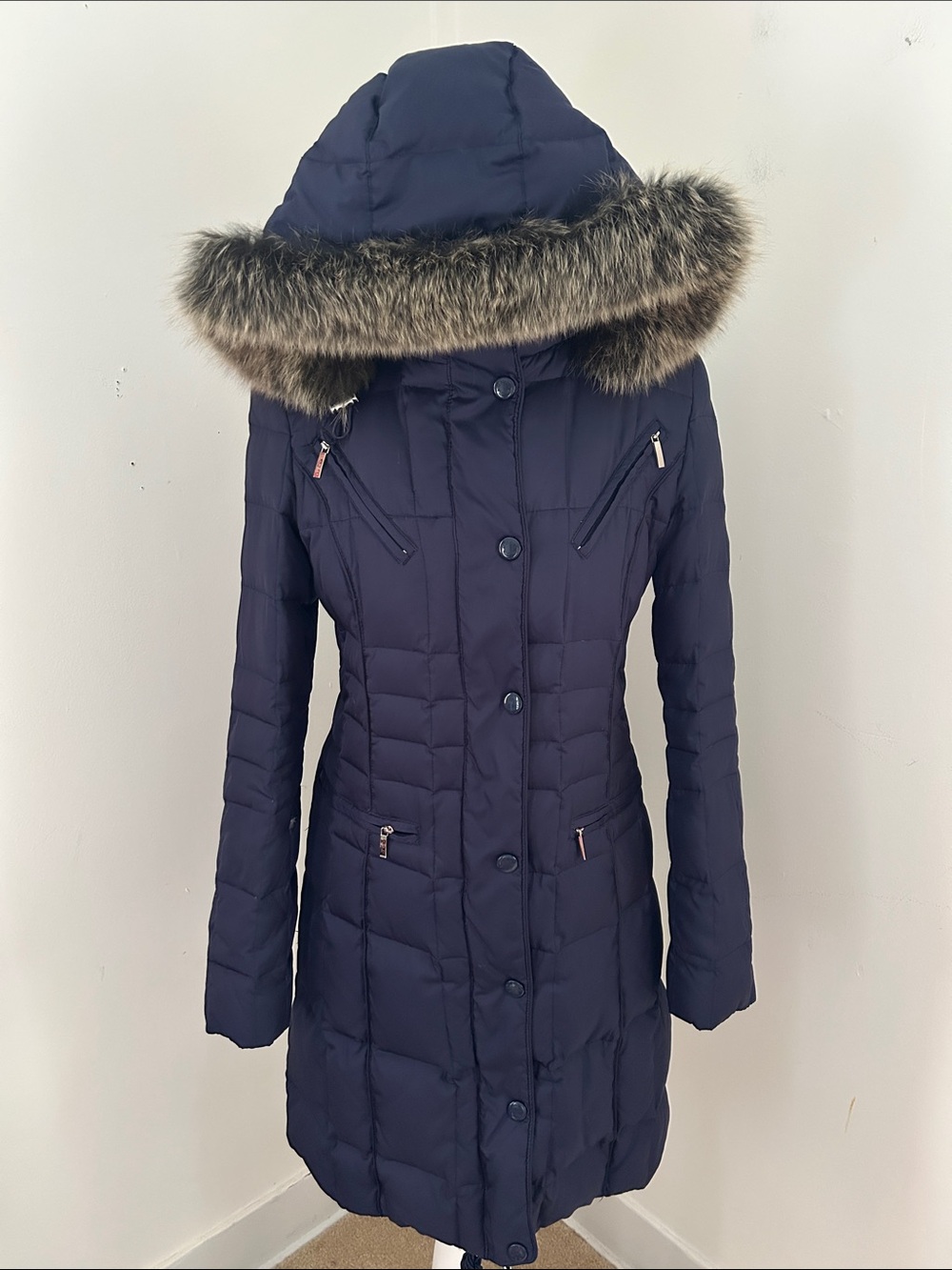 Laundry By Shelli Segal Navy Quilted Hooded Lond Down Puffer with Fur Trim Sz S